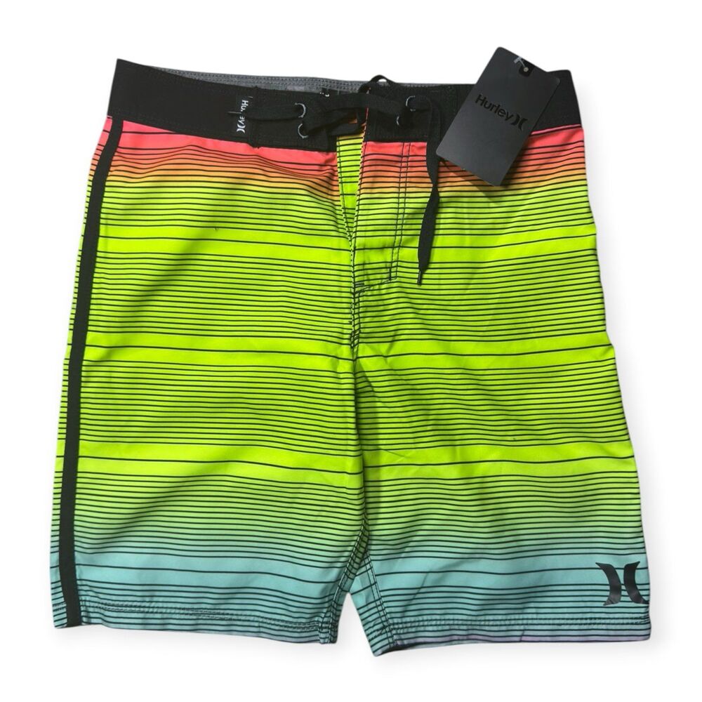 Hurley Size 10 Neon Striped Ombré Boardshorts Swim Swimsuit Shorts Boys New